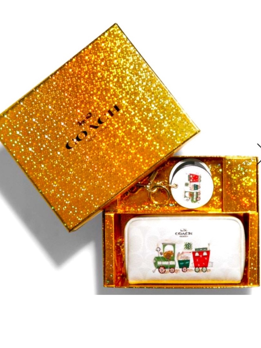 🚂 COACH BOXED SMALL COSMETIC CASE AND MIRROR BAG CHARM WITH TRAIN  🚂 NWT 🚂